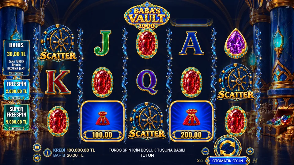 Baba's Vault oyun ekranı: makaralarda SCATTER sembolleri ve para keseleri